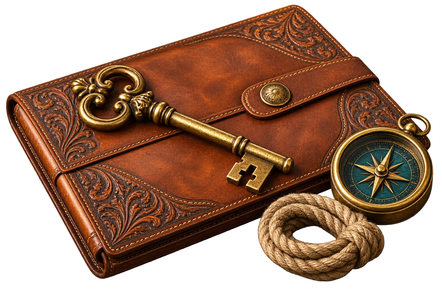 Brass key, compass and leather folio, symbols of ownership and direction.